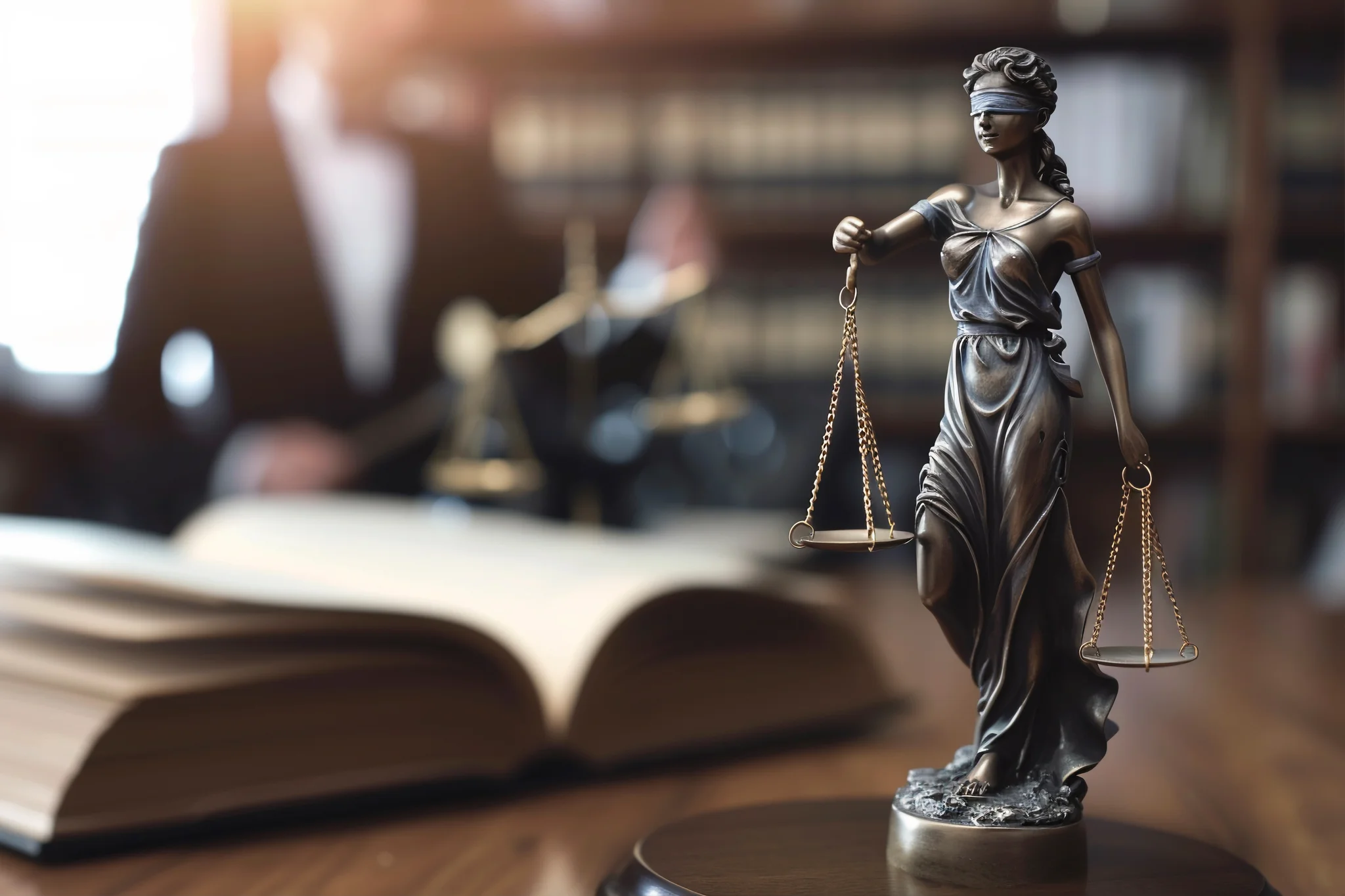 Statue de la Justice tenant sa balance, posée sur le bureau du cabinet d'avocate à Villefranche-sur-Saône